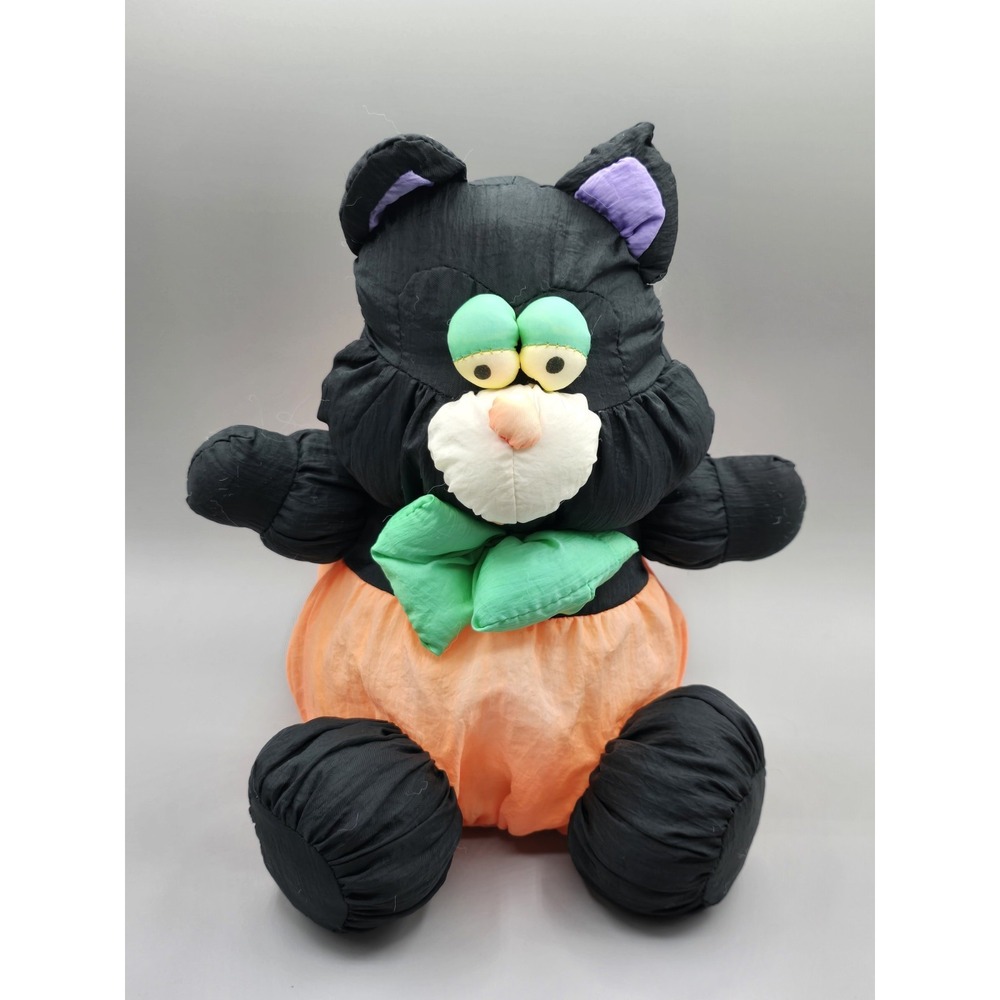 Vintage Halloween Cat Parachute Nylon  Plush 7.5 inches 1990s Pumpkin Black Cat‎